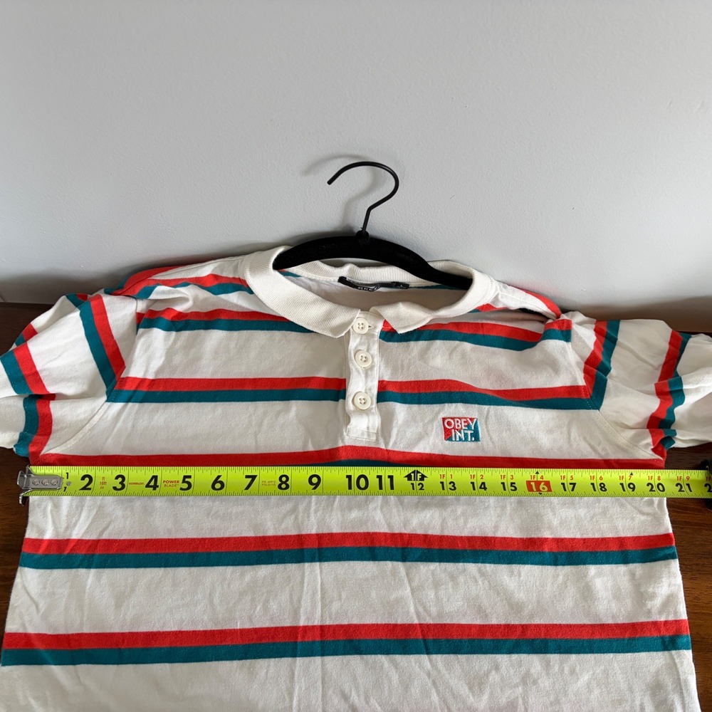 Obey Glenview Top striped long-sleeve cropped polo shirt size Large - Picture 7 of 8